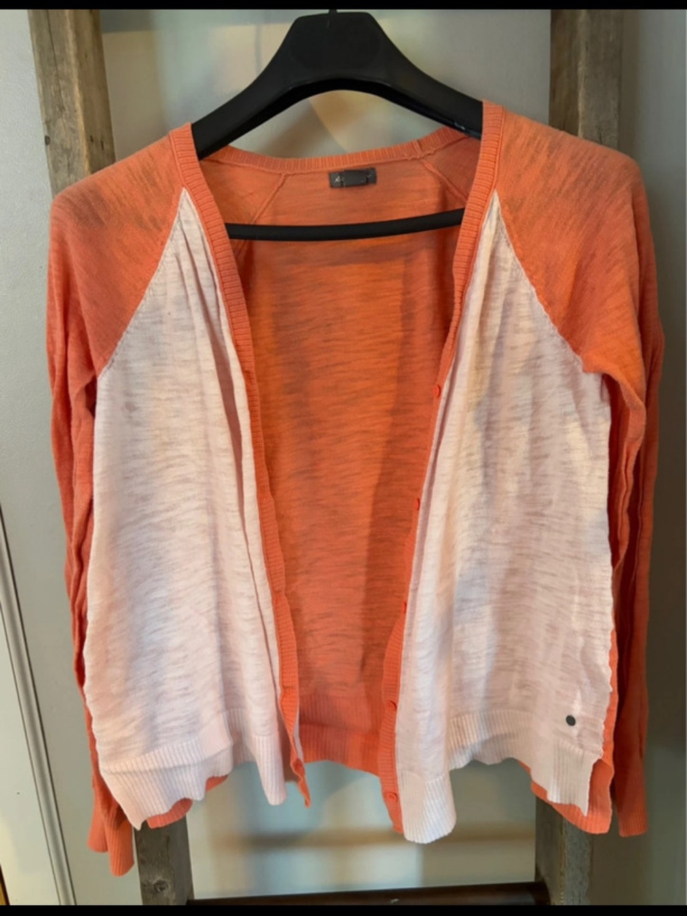 Eddie Bauer Two-Tone Open Front Cardigan in Orange and White